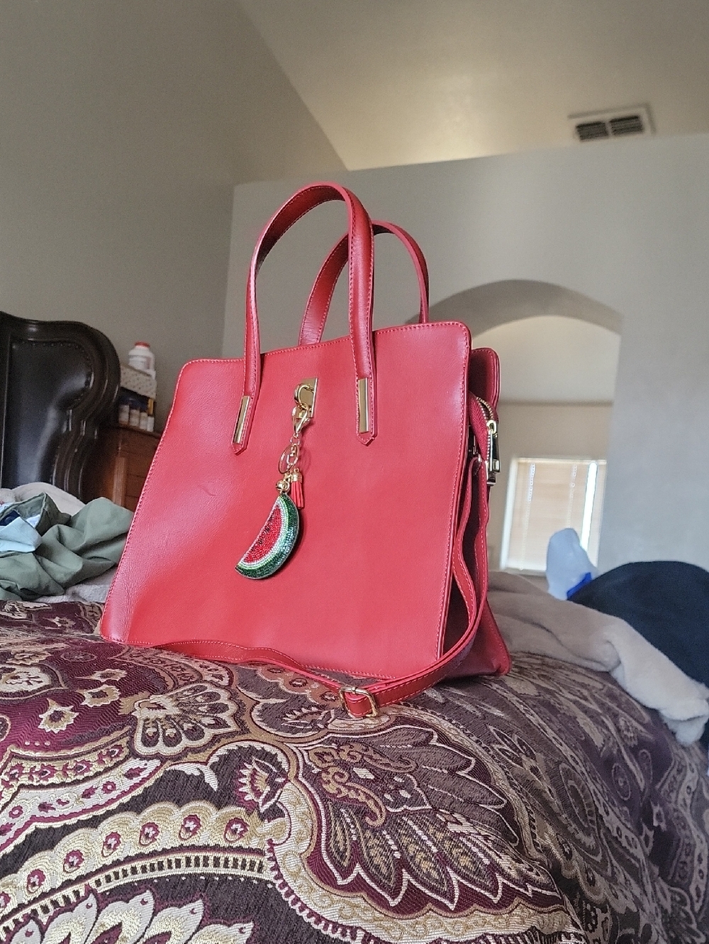 Structured Red Satchel with Watermelon Charm